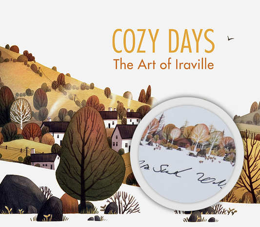 Cover of 'Cozy Days: The Art of Iraville' book, showing a stylised landscape of farmland, trees and houses under a white sky.