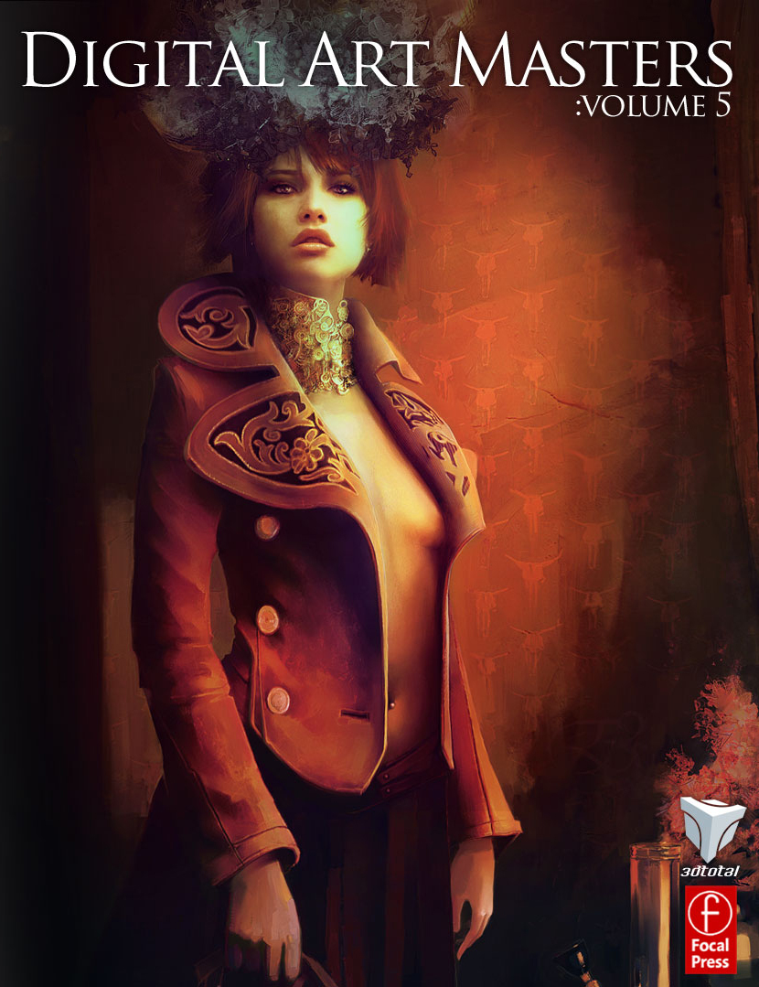 'Digital Art Masters: Volume 5' cover showing a steampunk or fantasy-style character wearing a leather jacket and ornate hat.