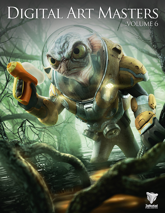 'Digital Art Masters: Volume 6' cover showing an amphibian character in a swamp, wearing a diving suit and holding a firearm.