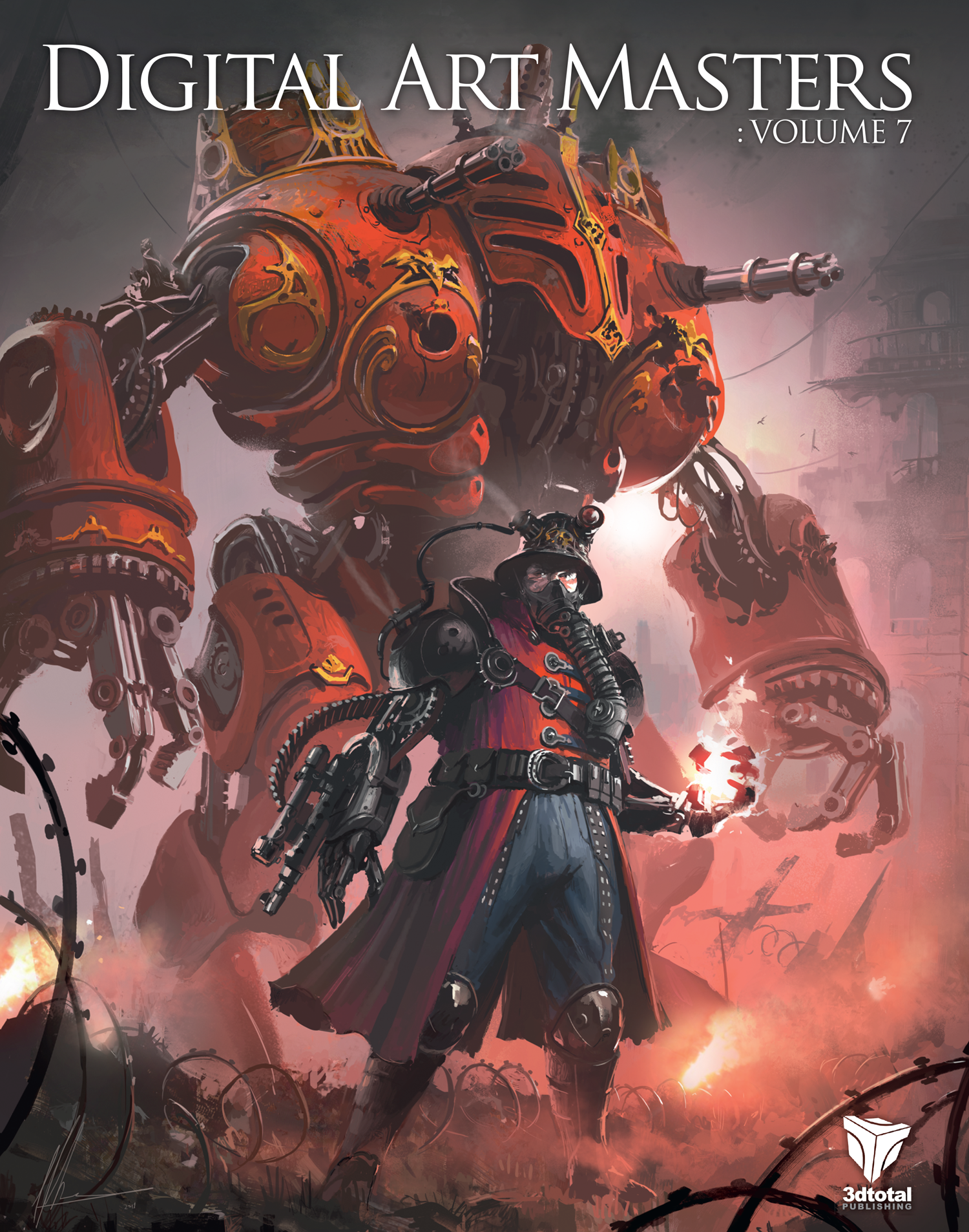 'Digital Art Masters: Volume 7' cover showing a steampunk/sci-fi scene of a giant combat mech towering over a half-robot man.