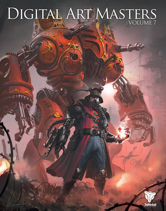 'Digital Art Masters: Volume 7' cover showing a steampunk/sci-fi scene of a giant combat mech towering over a half-robot man.