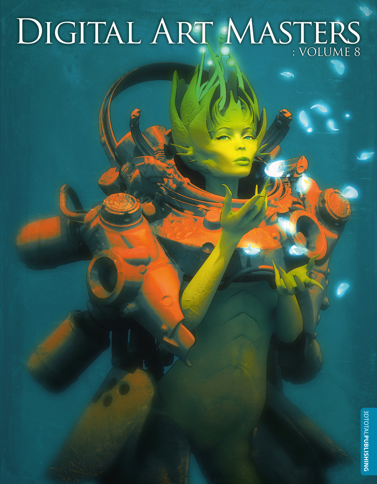 'Digital Art Masters: Volume 8' fantasy cover showing a green-skinned, mermaid-like diver, underwater, wearing a diving suit.