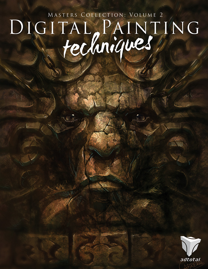 'Digital Painting Techniques: Volume 2' cover showing a sentient stone face carved in a wall, looking directly at the viewer.