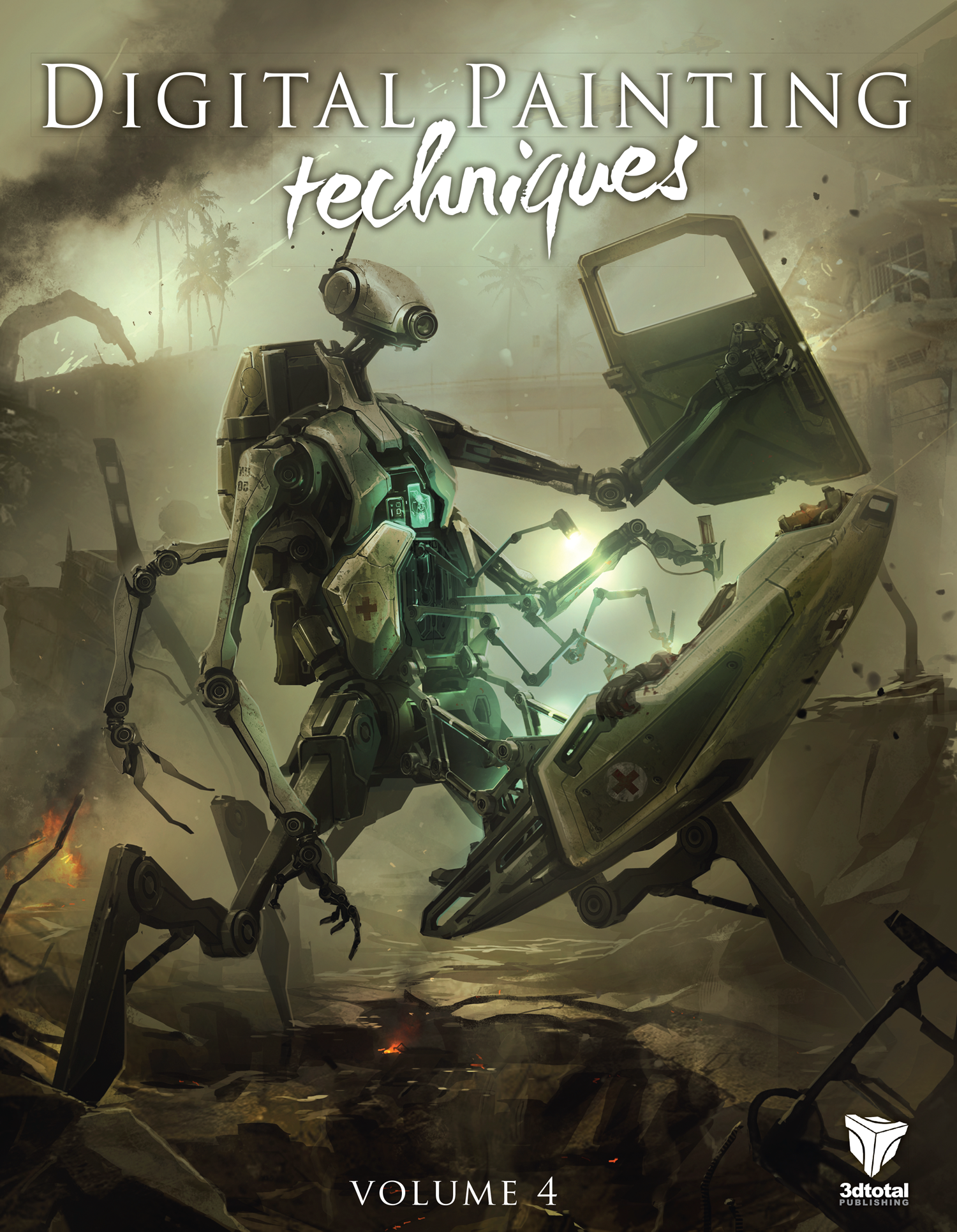 'Digital Painting Techniques: Volume 4' cover, showing a sci-fi scene of a robot medic transporting an injured human soldier.