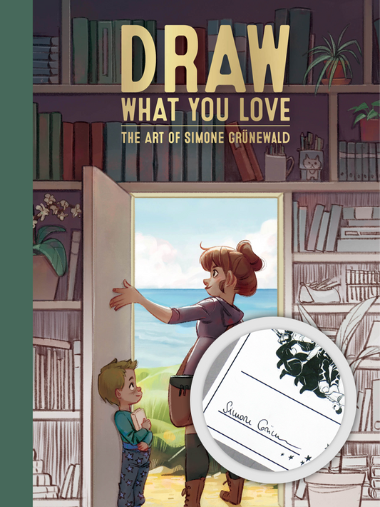 Cover of 'Draw What You Love: The Art of Simone Grunewald: book, showing a woman and her child in their cosy home by the sea.