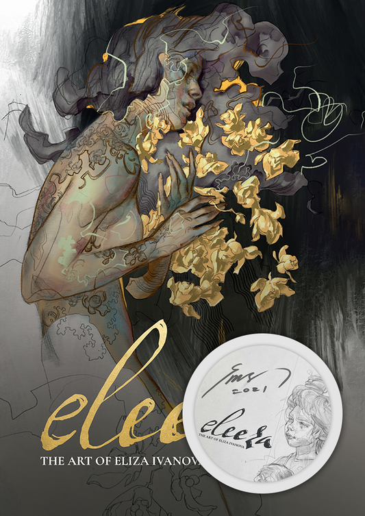 Cover of 'Eleeza: The Art of Eliza Ivanova', showing a grey and gold image of a beautiful woman, as she holds golden flowers.