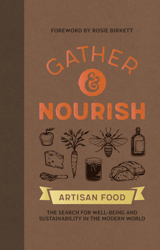 Brown 'Gather & Nourish' book cover showing a variety of food items, plus cooking/eating utensils, with title in golden font.
