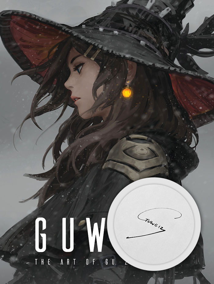 Grey cover of 'Guweiz: The Art of Gu Zheng Wei' book, showing a woman wearing a black cloak, black hat, and glowing earrings.