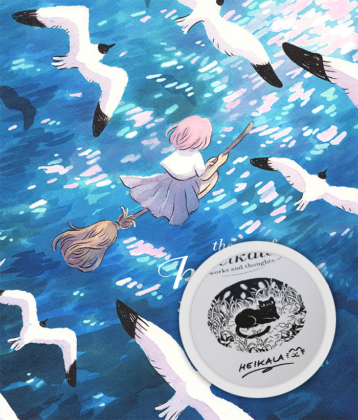 Blue cover of 'The Art of Heikala' book, showing a child ride a flying broomstick over the sea, surrounded by white seagulls.