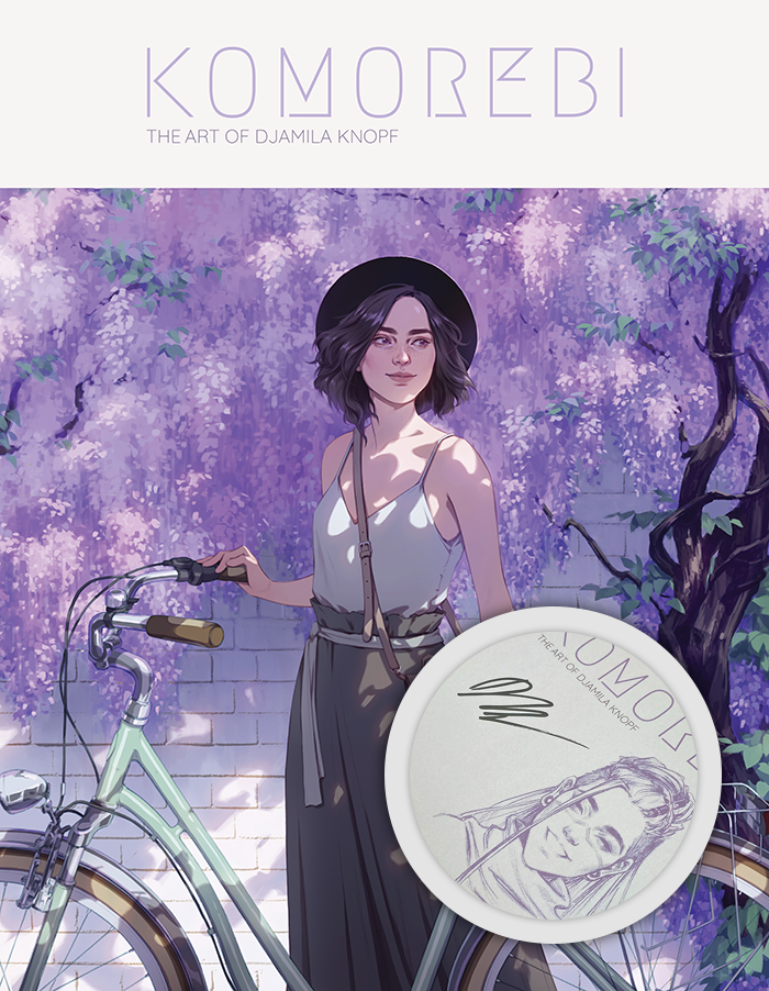 Purple and white cover of 'Komorebi: The Art of Djamila Knopf', showing a scene of a woman, her bicycle, and a wisteria tree.
