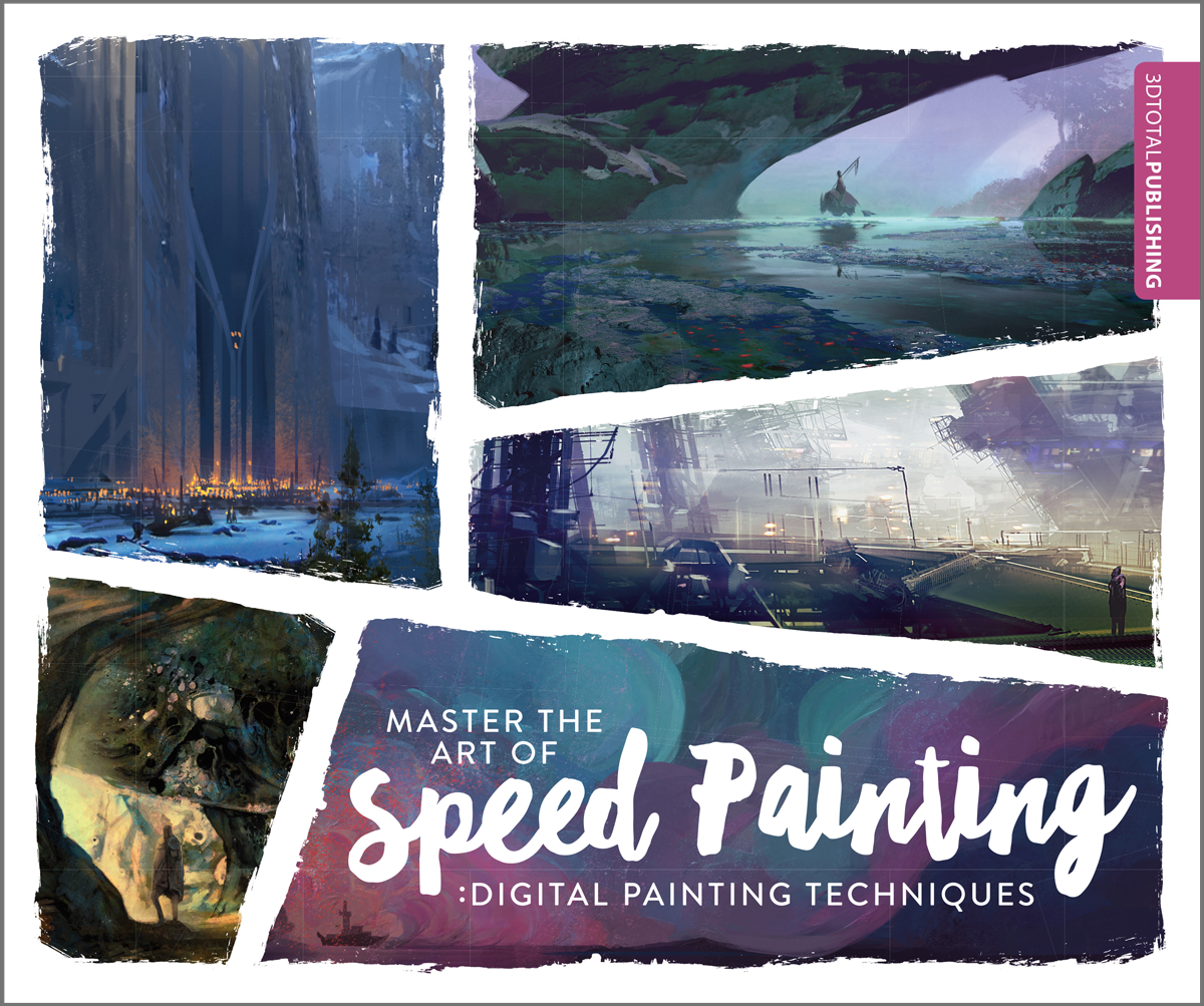 White cover of 'Master The Art of Speed Painting: Digital Painting Techniques' showing various fantasy and sci-fi landscapes.
