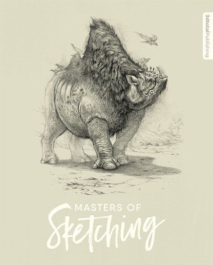 Off-white cover of 'Masters of Sketching', showing a sketch of a large, horned fantasy creature watching a bird fly overhead.