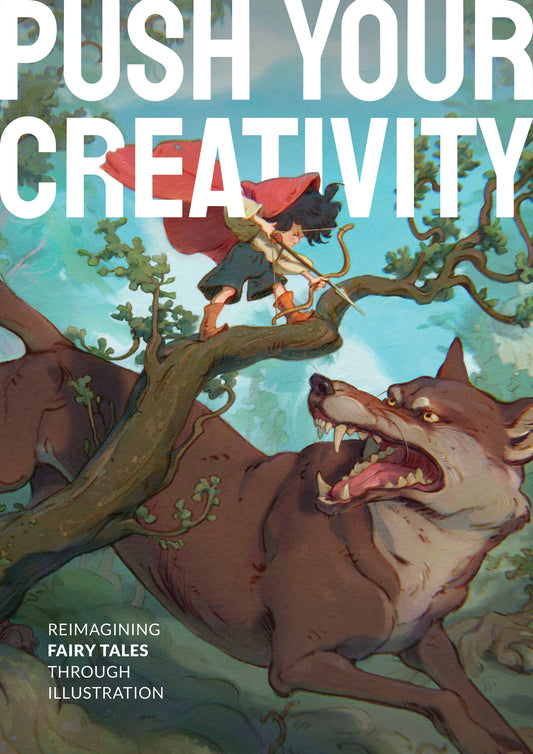 'Push Your Creativity' cover, showing Little Red Riding Hood on a tree branch, firing a bow and arrow at a big snarling wolf.