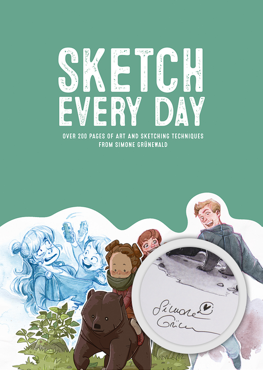 Pastel green cover of 'Sketch Every Day' by Simone Grunewald, showing children riding a bear, and a mother holding her child.