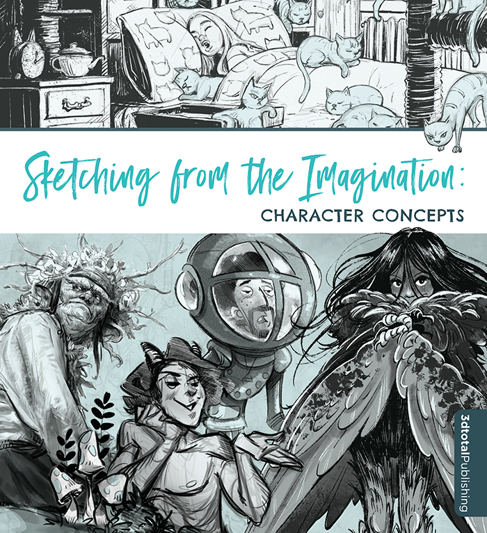 White and aqua 'Sketching From The Imagination: Character Concepts' cover, showing fantasy, futuristic and normal characters.