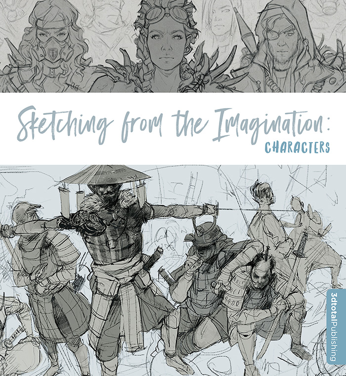Grey 'Sketching From The Imagination: Characters' cover, lower half showing samurai, upper half showing steampunk characters.