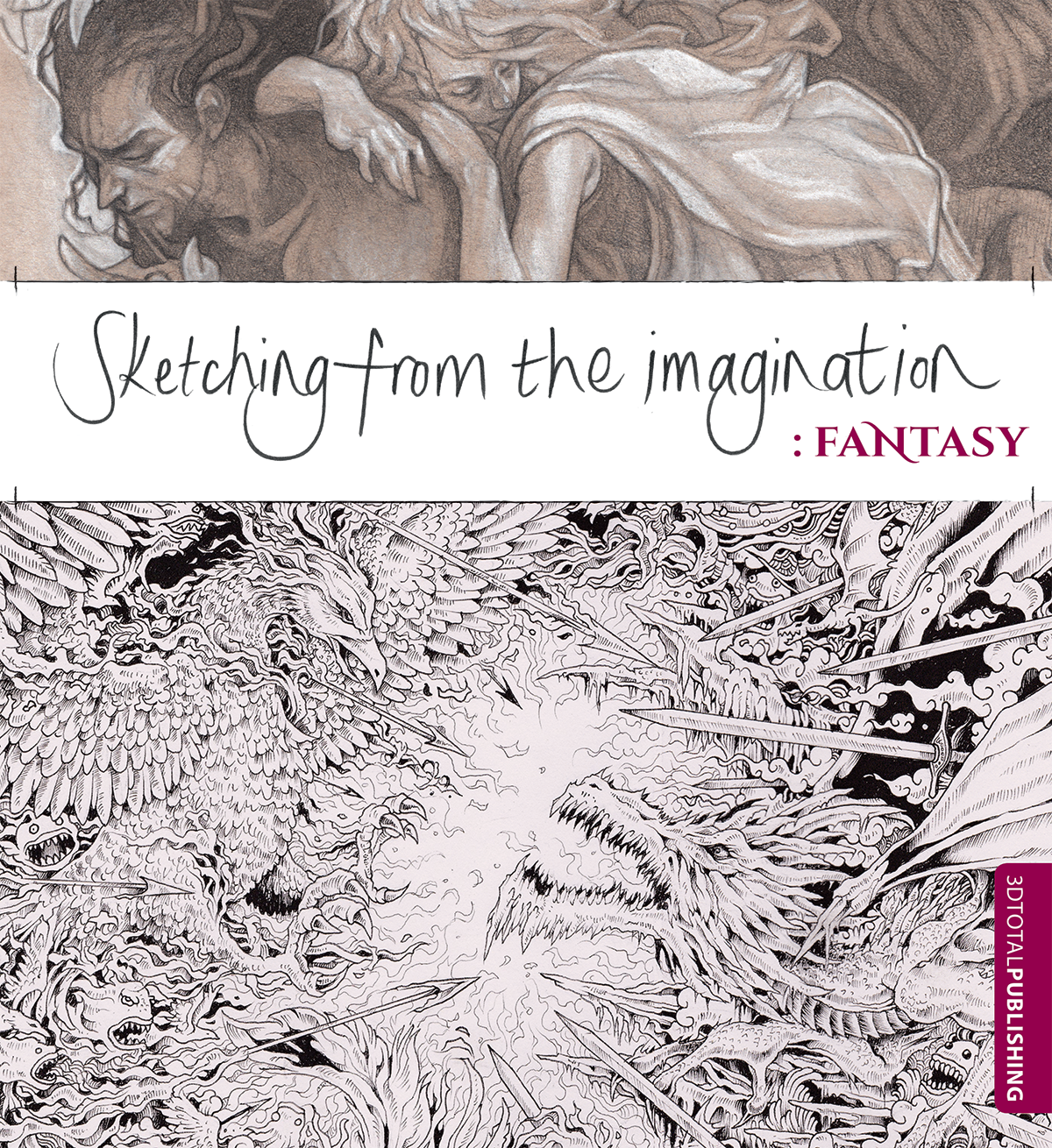 Pink and white 'Sketching From The Imagination: Fantasy' cover, showing a dragon fighting a giant bird, and two human lovers.