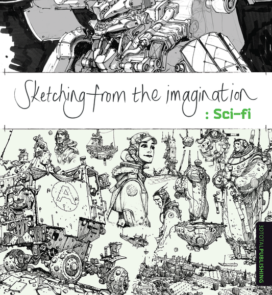 Green and grey 'Sketching From The Imagination: Sci-fi' cover, showing robotic character designs, a vehicle, and a landscape.