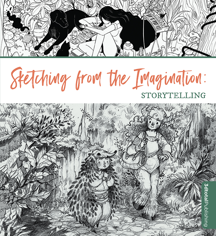 Grey 'Sketching From The Imagination: Storytelling' cover, showing fantasy characters in forest, and woman and dog in garden.