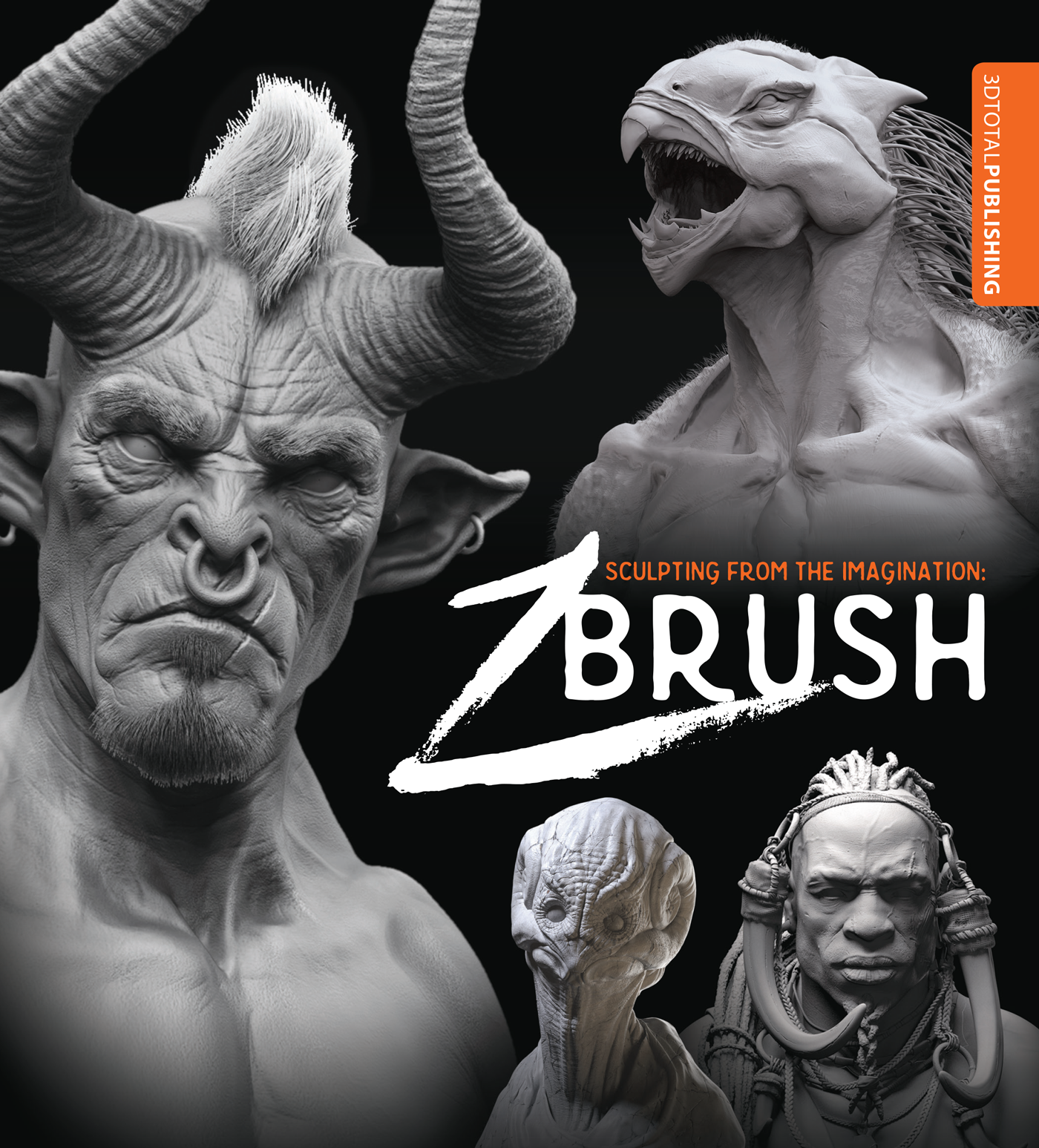 Cover of 'Sculpting From The Imagination: ZBrush' book, depicting grey 3d models of fantasy characters on a black background.