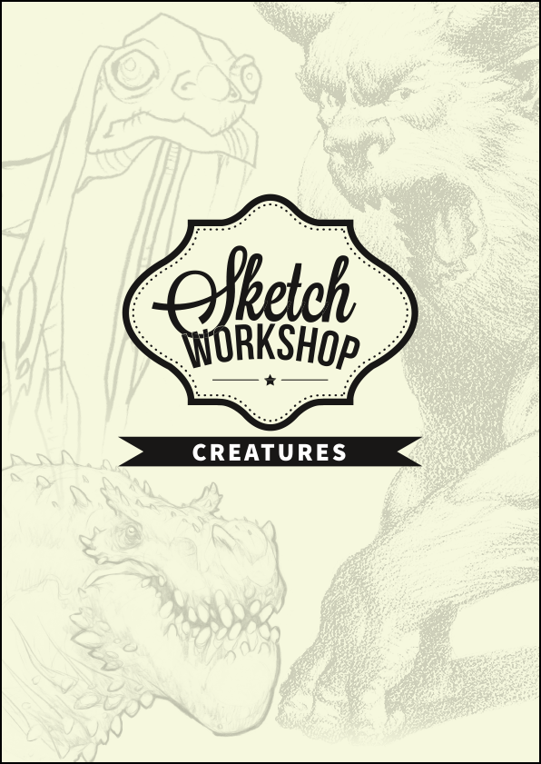 Cream-white cover, showing sketches of fantasy monsters in faint grey, with title 'Sketch Workshop: Creatures' in black font.