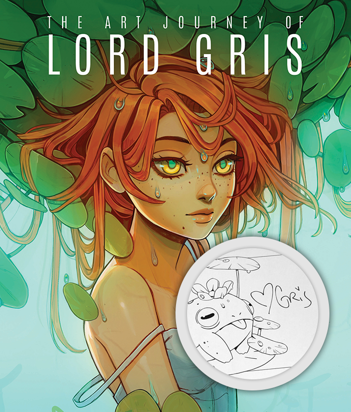 Green 'The Art Journey of Lord Gris' book cover, showing a beautiful ginger-haired young woman surrounded by green lily pads.