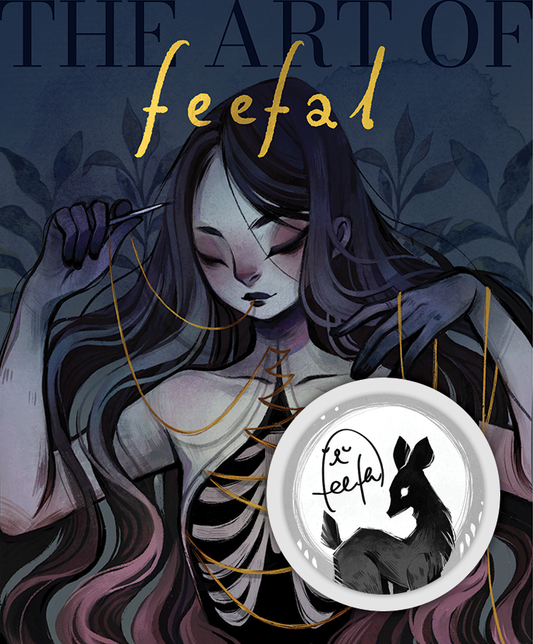 Grey cover of 'The Art of Feefal' book, showing a supernatural young woman using a golden thread to sew shut her open ribcage