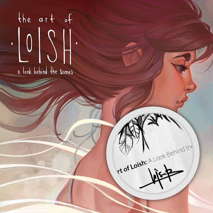 Red cover of 'The Art of Loish', showing a close-up of a beautiful woman with long red hair which is being blown in the wind.