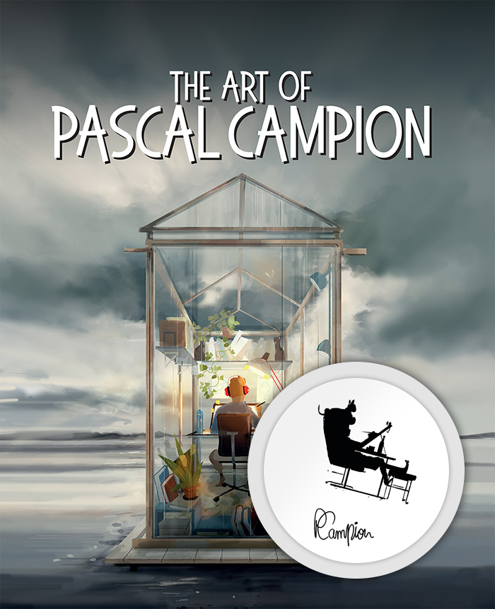 Grey cover of 'The Art of Pascal Campion', showing an artist in a glass cabin by the sea. The sky is filled with grey clouds.