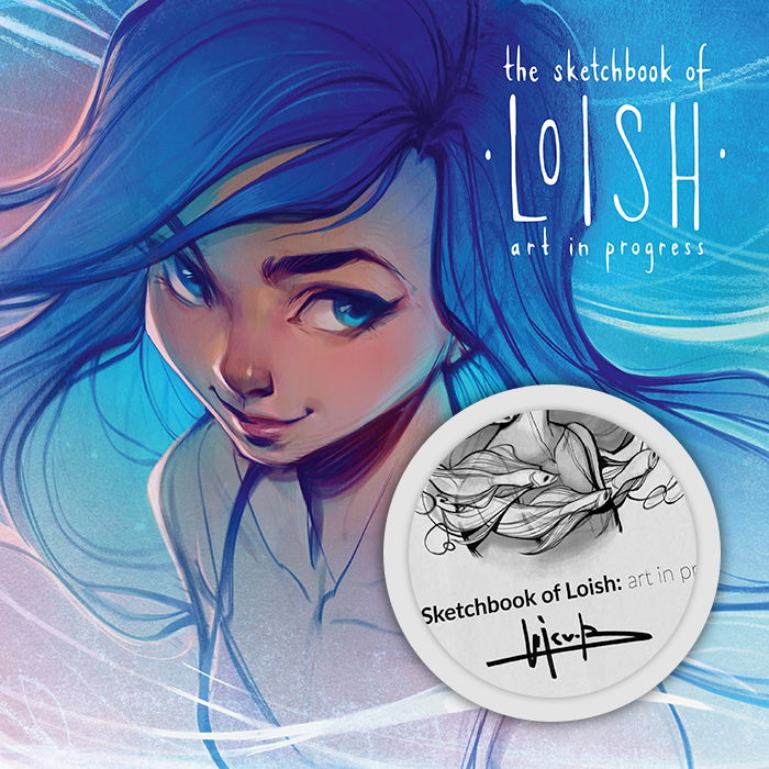 Blue cover of 'The Sketchbook of Loish', showing a close-up of a beautiful woman with long blue hair which floats like water.