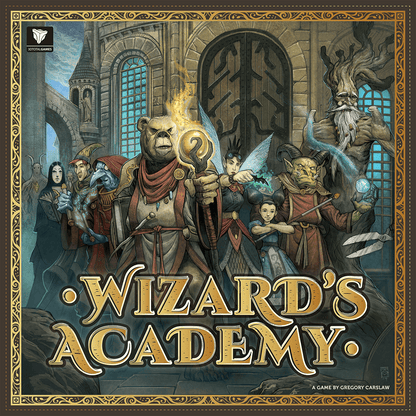 "Wizard's Academy" board-game image, showing a large variety of fantasy characters in front of a magical university building.