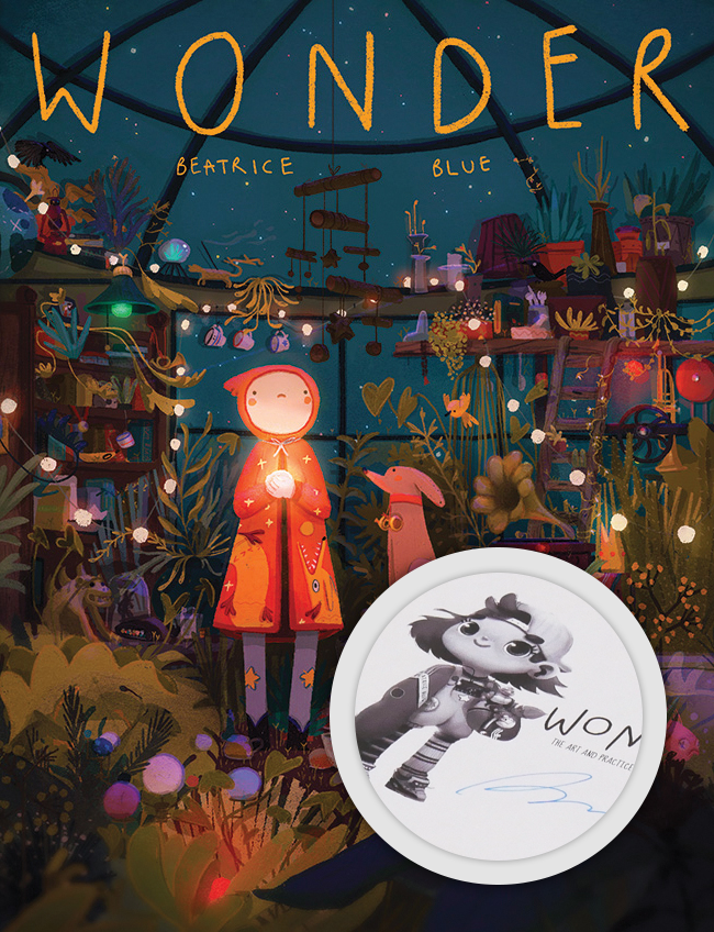 Blue cover of 'Wonder' by Beatrice Blue, showing a child and dog in a glass house filled with books, plants and fairy lights.