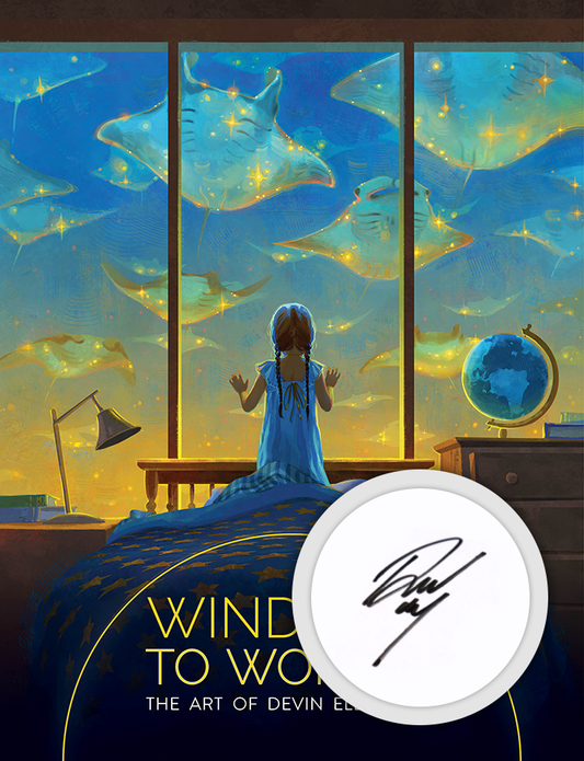 Blue and gold cover of 'Windows To Worlds' by Devin Elle Kurtz, showing magic stingrays swimming past a little girl's window.