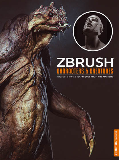 'ZBrush Characters & Creatures' book cover showing a reptile fantasy creature in a menacing pose, against a brown background.