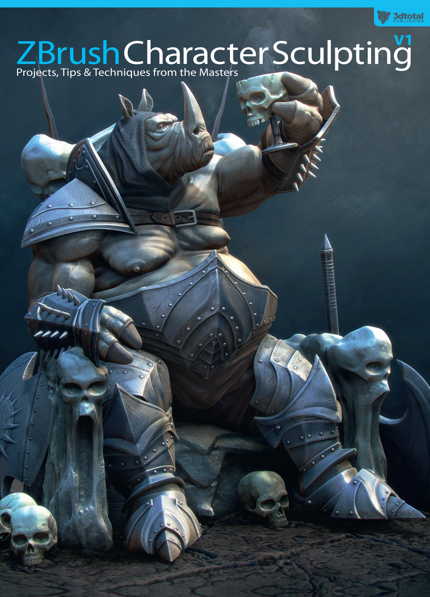 'ZBrush Character Sculpting v1' book cover showing a rhinoceros warrior sitting on a throne, wearing armour, holding a skull.