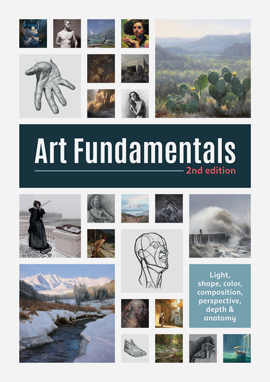 White book cover different photos from anatomy to landscapes saying 'Art Fundamentals 2nd Edition'