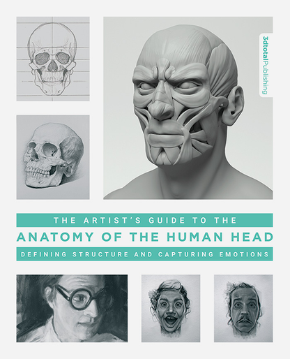 White cover of 'The Artist's Guide to the Anatomy of the Human Head', showing grey sketches and grey 3d models of human faces