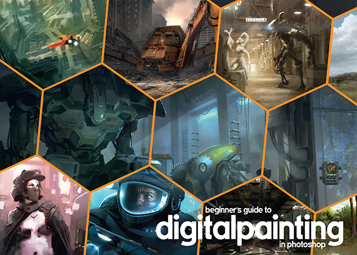 Cover of 'Beginner's Guide to Digital Painting in Photoshop' book, showing hexagonal snippets of sci-fi or futuristic scenes.