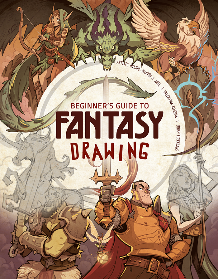 'Beginner's Guide to Fantasy Drawing' cover, featuring cartoon characters including wizard, knight, unicorn, griffin, dragon.