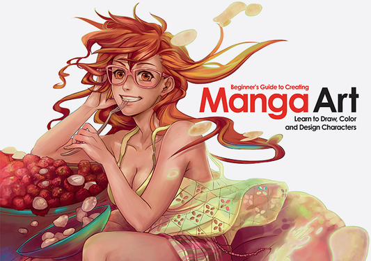 White cover of 'Beginner's Guide to Creating Manga Art', showing red-haired woman wearing glasses, shelling a bowl of acorns.