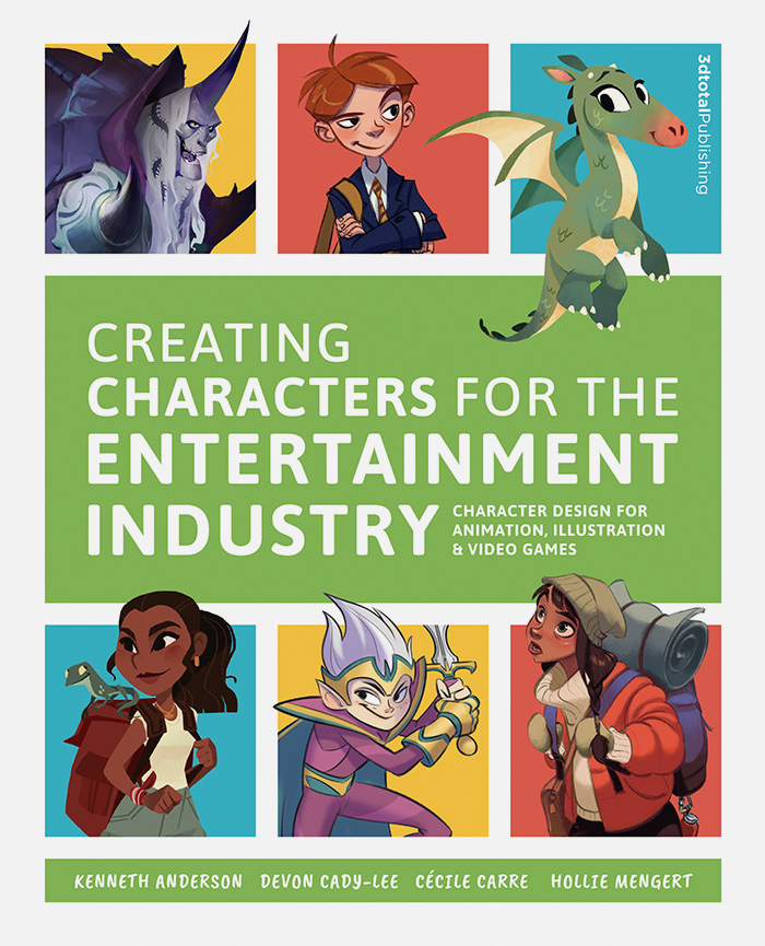 White cover of 'Creating Characters For The Entertainment Industry' book, with colourful cartoon characters, human or animal.