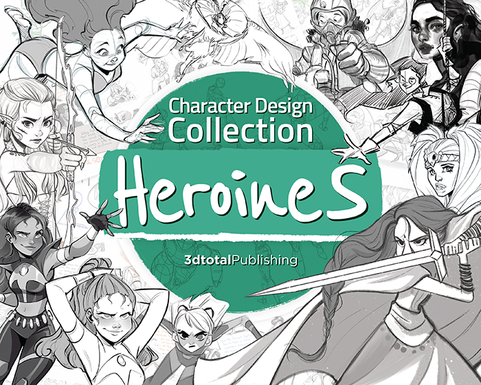 Cover of 'Character Design Collection: Heroines' book, showing a variety of grey sketches of heroic, brave female characters.