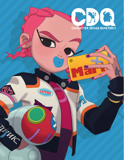 Character Design Quarterly cover of an illustration of a pink-haired woman wearing blue lipstick taking a photo
