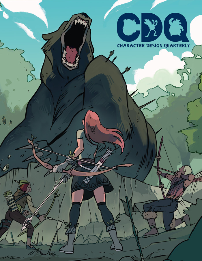 Character Design Quarterly cover of an illustration of archers shooting at a giant black bear