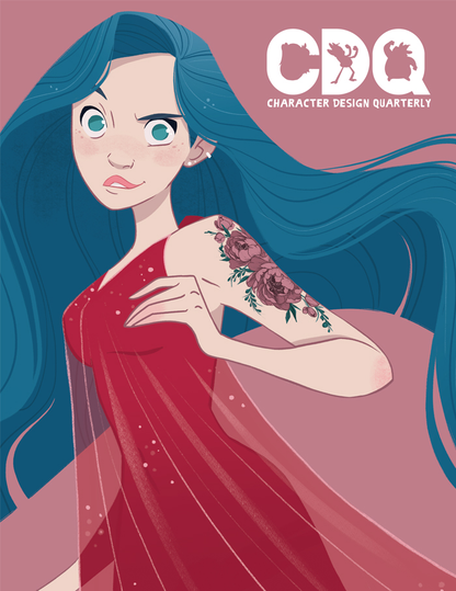 Character Design Quarterly cover of an illustration of a blue-haired woman wearing a red dress and a rose tattoo 