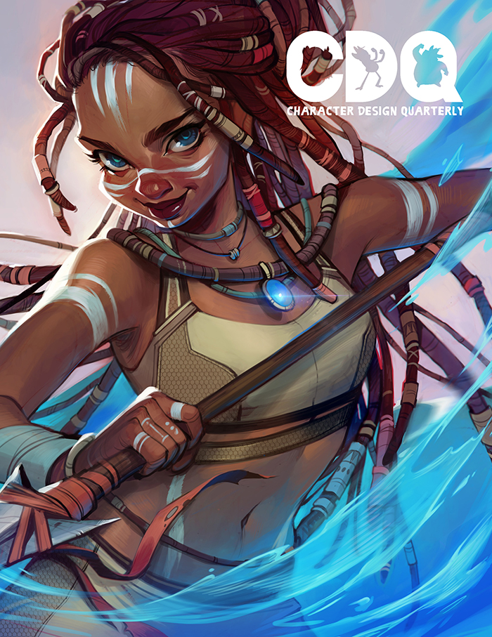 Character Design Quarterly cover of an illustration of a woman fighter holding a spear