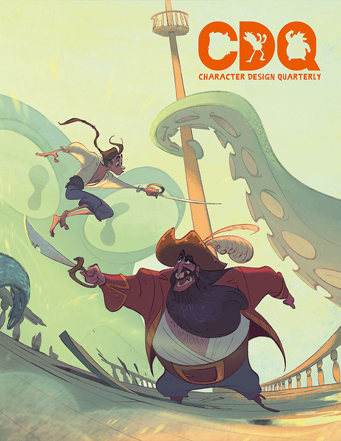 Character Design Quarterly cover of an illustration of pirates fighting on a ship, with a giant tentacle monster in the background