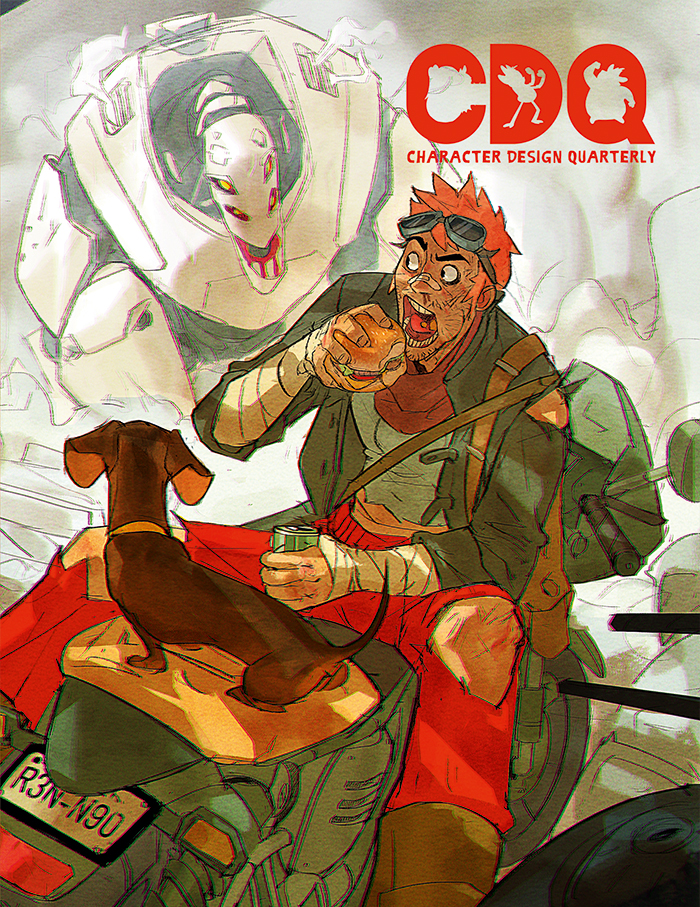 Character Design Quarterly cover of an illustration of a man eating on his motorbike with a sausage dog being chased by a robot