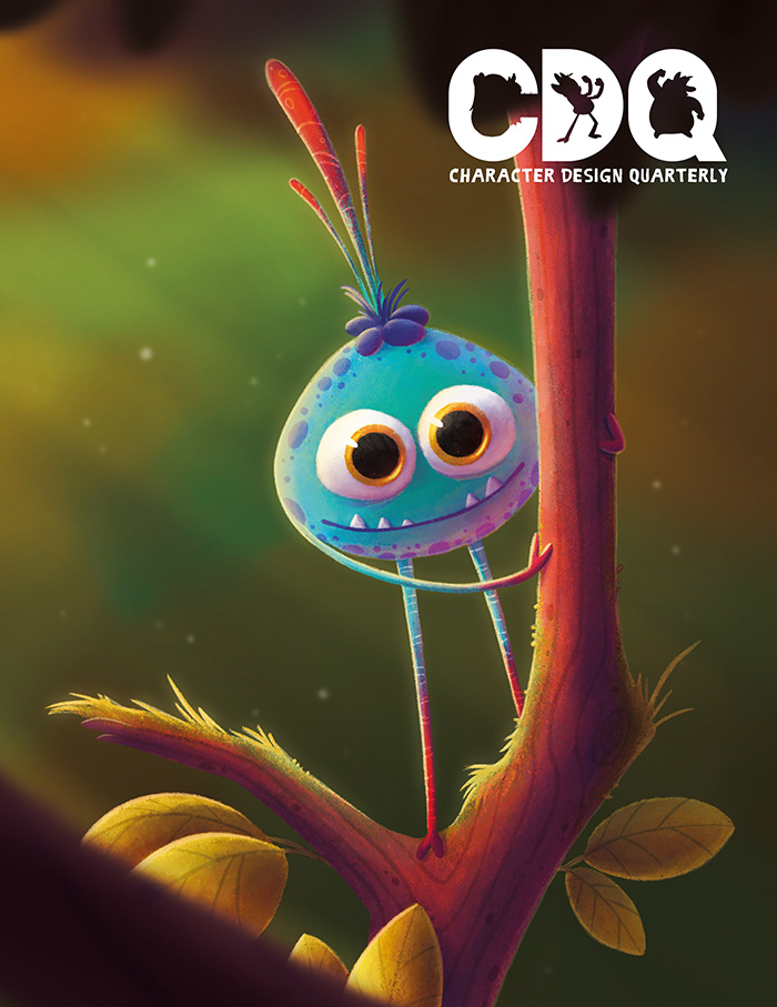 Character Design Quarterly cover of an illustration of a small, blue, round, alien creature standing on a twig