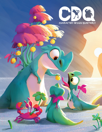 Character Design Quarterly cover of an illustration of a family of dinosaurs  with the older one feeding a younger dinosaur